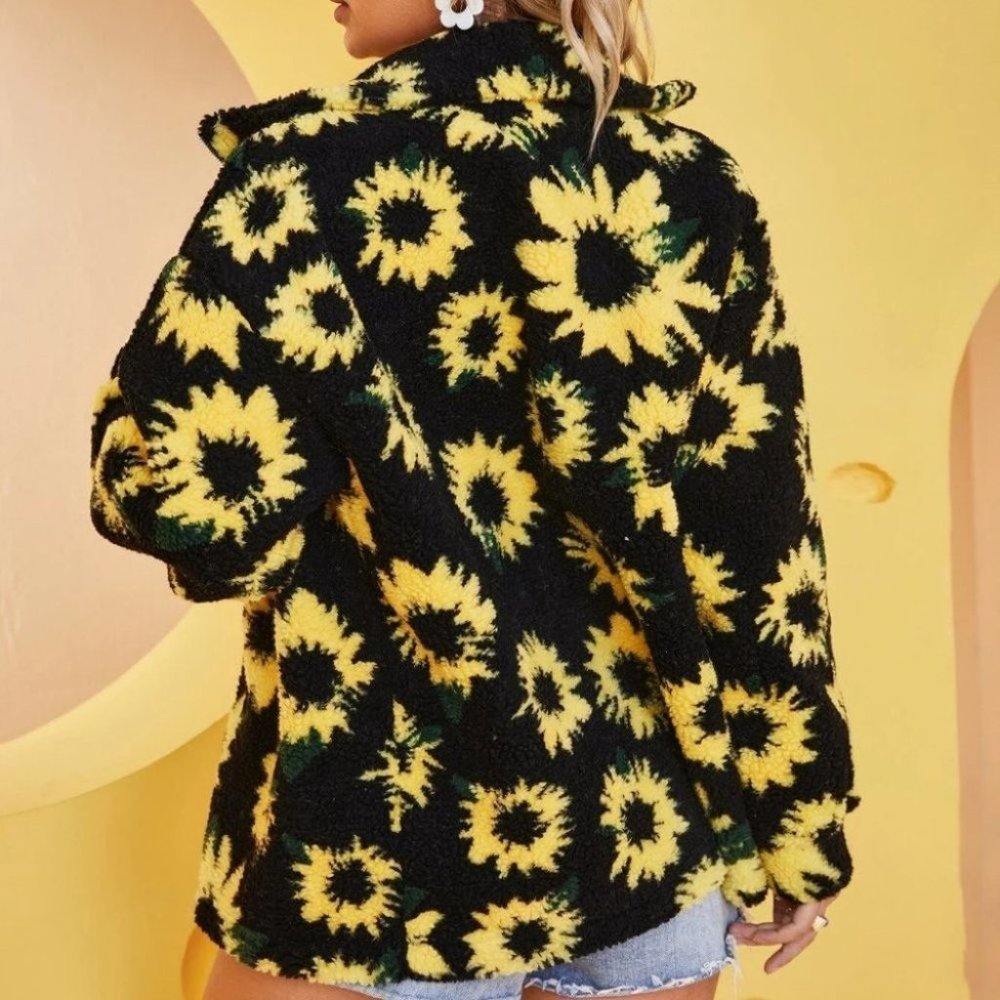 SUNFLOWER ZIP UP TEDDY COAT COMFY CASUAL FUN TRENDING FALL WINTER - Picture 5 of 8